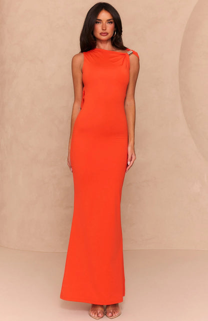Elegant Sheath Cowl Neck Sleeveless Backless Orange Floor-Length Prom Dress