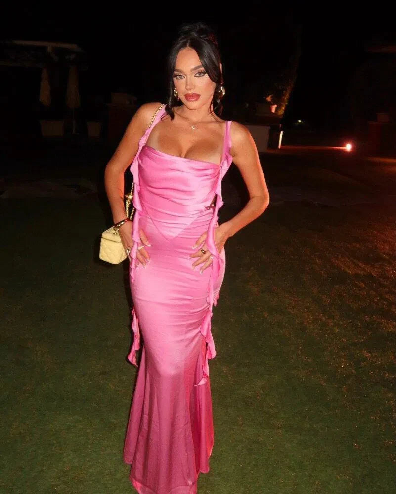 Elegant Sheath Cowl Neck Sleeveless Draped Ruffled Pink Floor-Length Prom Gown