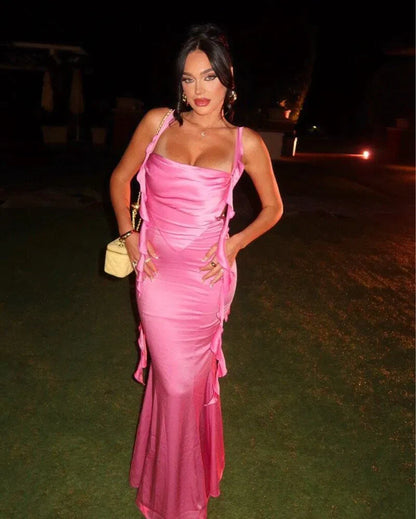 Elegant Sheath Cowl Neck Sleeveless Draped Ruffled Pink Floor-Length Prom Gown