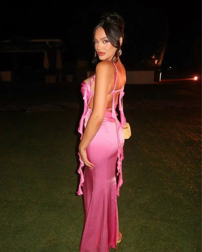 Elegant Sheath Cowl Neck Sleeveless Draped Ruffled Pink Floor-Length Prom Gown