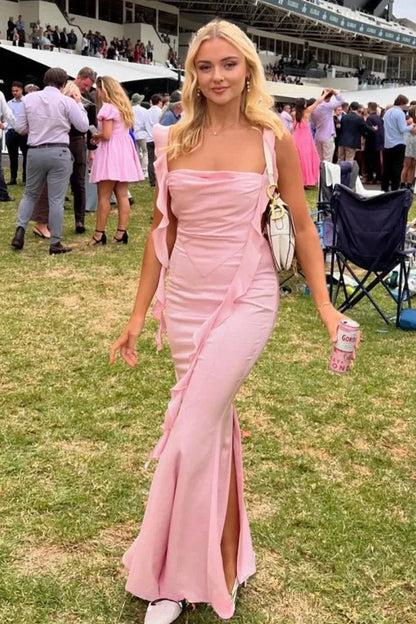 Elegant Sheath Cowl Neck Sleeveless Draped Ruffled Pink Floor-Length Prom Gown