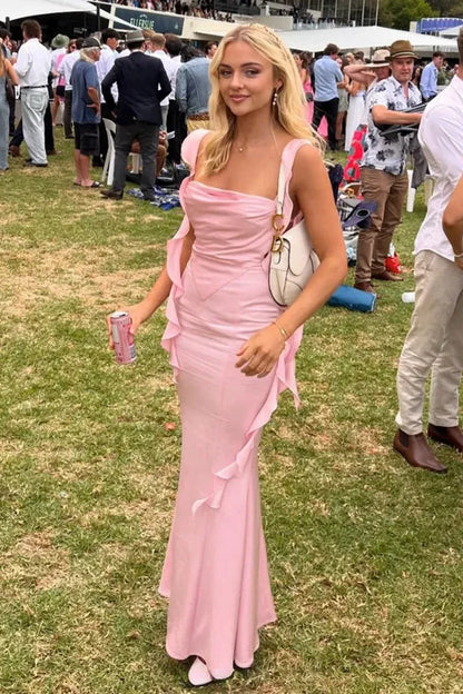 Elegant Sheath Cowl Neck Sleeveless Draped Ruffled Pink Floor-Length Prom Gown