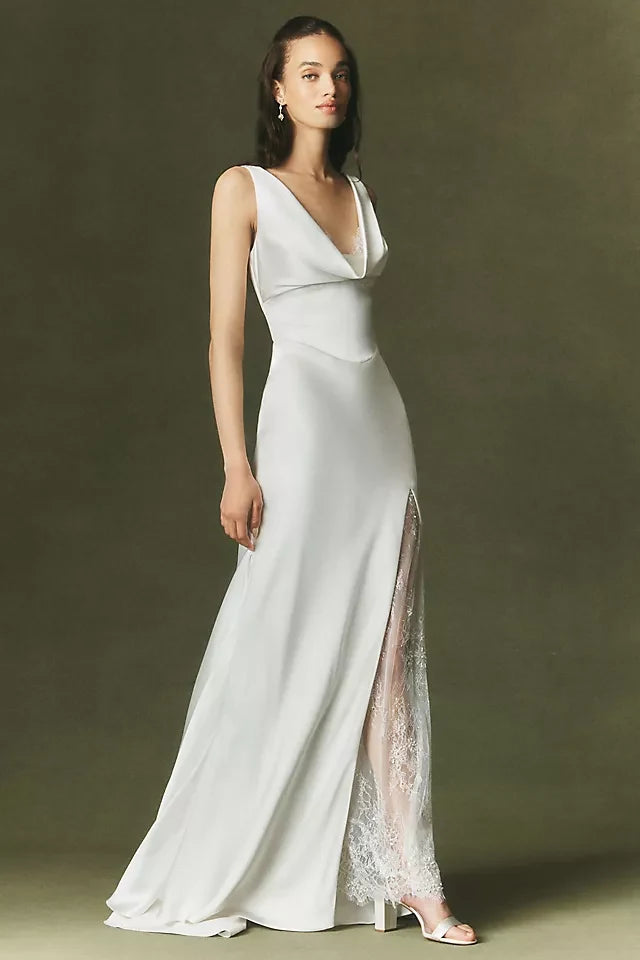 Elegant Sheath Cowl Neck Sleeveless Draped Slit Ivory Wedding Gown