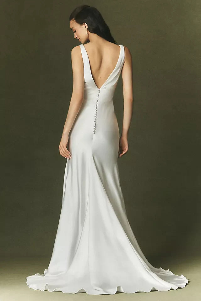 Elegant Sheath Cowl Neck Sleeveless Draped Slit Ivory Wedding Gown