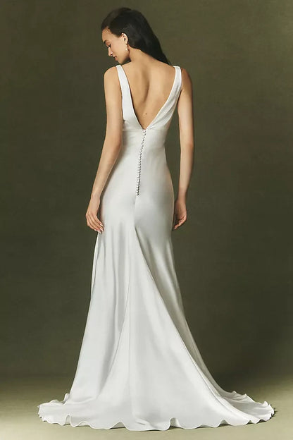 Elegant Sheath Cowl Neck Sleeveless Draped Slit Ivory Wedding Gown
