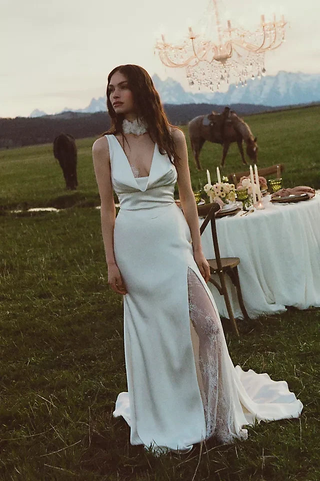 Elegant Sheath Cowl Neck Sleeveless Draped Slit Ivory Wedding Gown