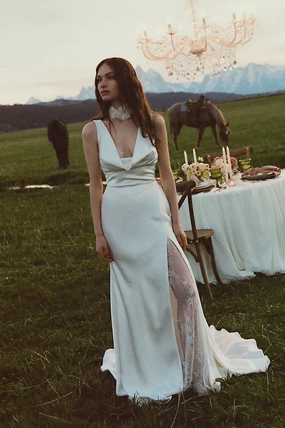 Elegant Sheath Cowl Neck Sleeveless Draped Slit Ivory Wedding Gown