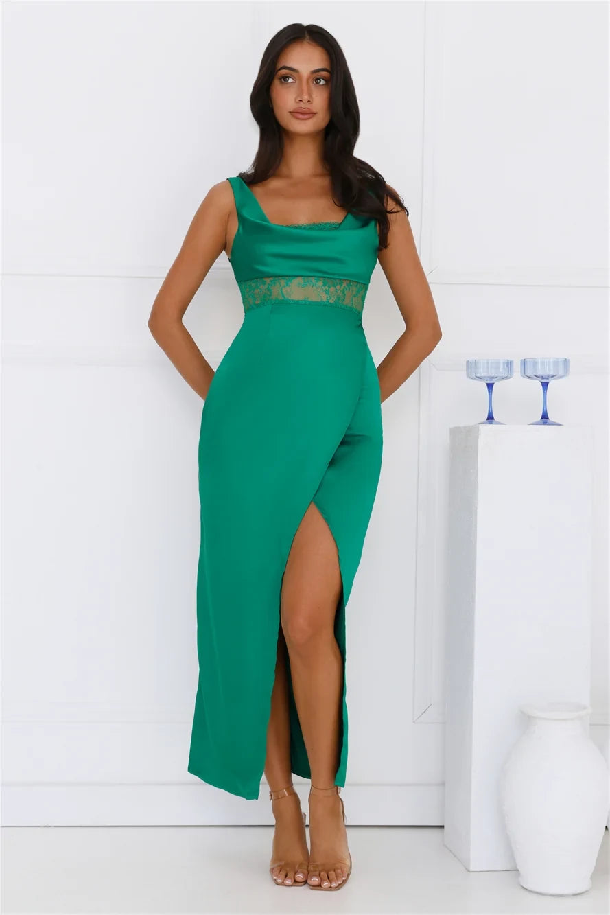 Elegant Sheath Cowl Neck Sleeveless High Slit Emerald Green Long Prom Dress