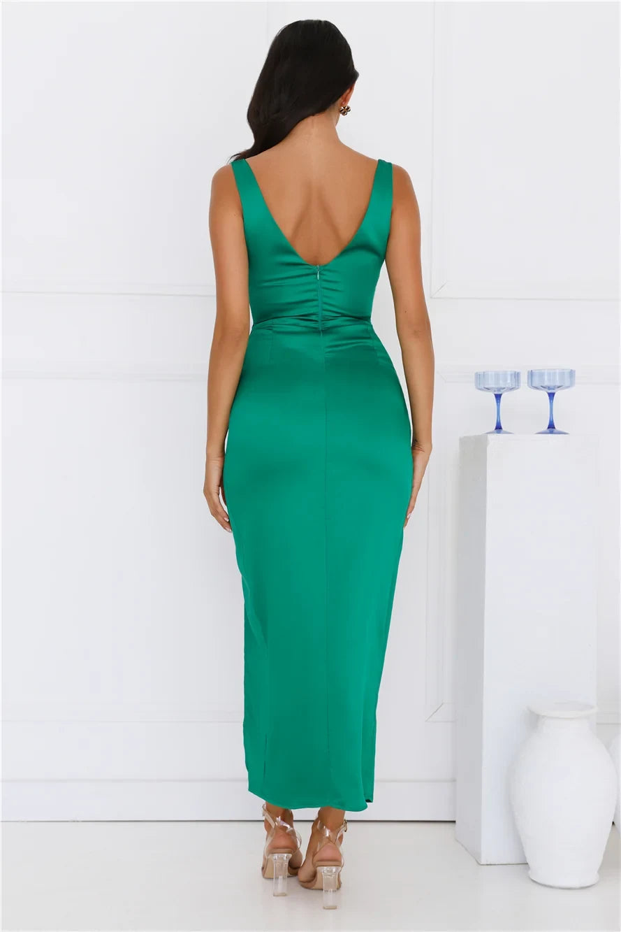 Elegant Sheath Cowl Neck Sleeveless High Slit Emerald Green Long Prom Dress