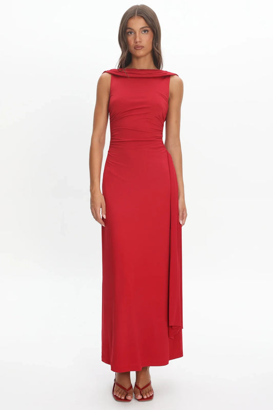 Elegant Sheath Cowl Neck Sleeveless Ruched Red Maxi Prom Dress
