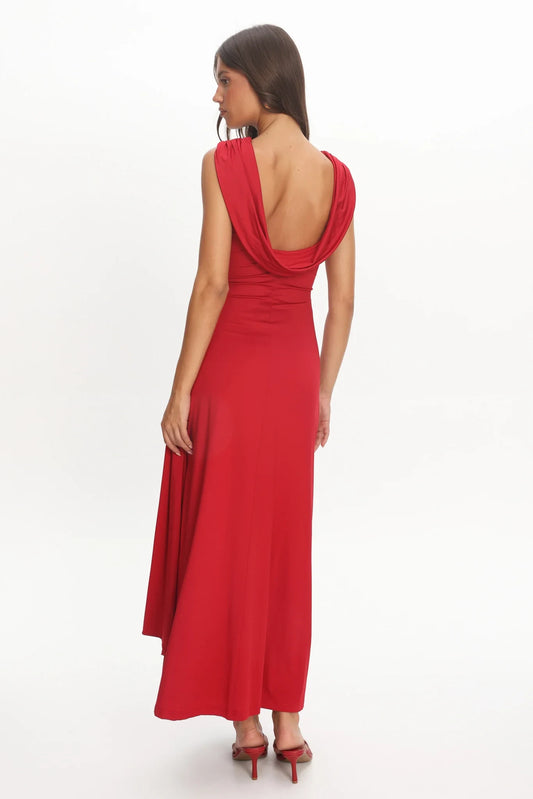 Elegant Sheath Cowl Neck Sleeveless Ruched Red Maxi Prom Dress
