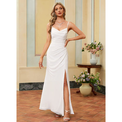 Elegant Sheath Cowl Neck Sleeveless Ruched Slit White Floor-Length Wedding Gown