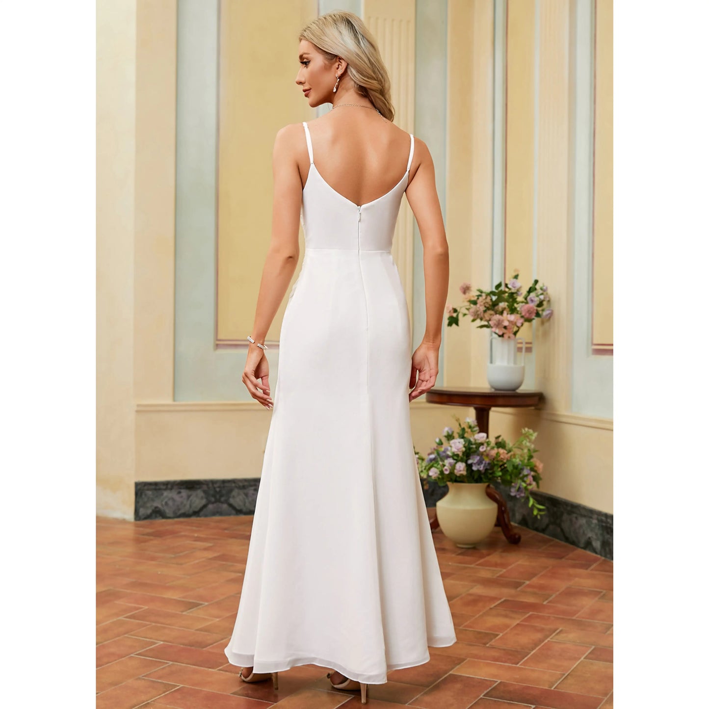 Elegant Sheath Cowl Neck Sleeveless Ruched Slit White Floor-Length Wedding Gown