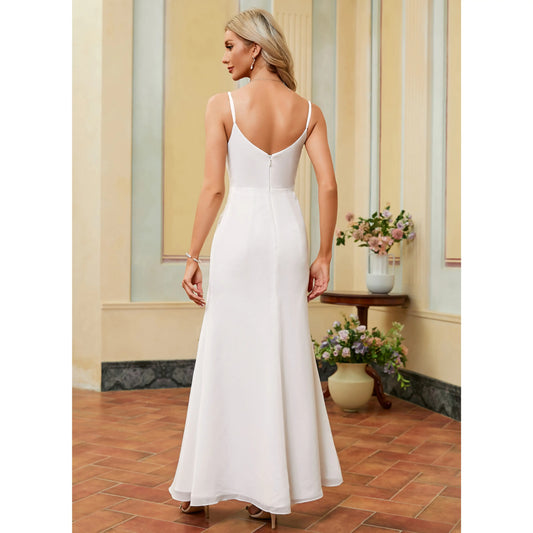 Elegant Sheath Cowl Neck Sleeveless Ruched Slit White Floor-Length Wedding Gown