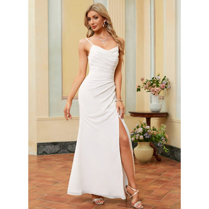 Elegant Sheath Cowl Neck Sleeveless Ruched Slit White Floor-Length Wedding Gown