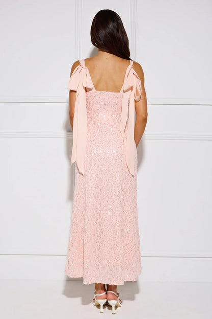 Elegant Sheath Cowl Sleeveless Bow Slit Pink Midi Evening Dresses Women