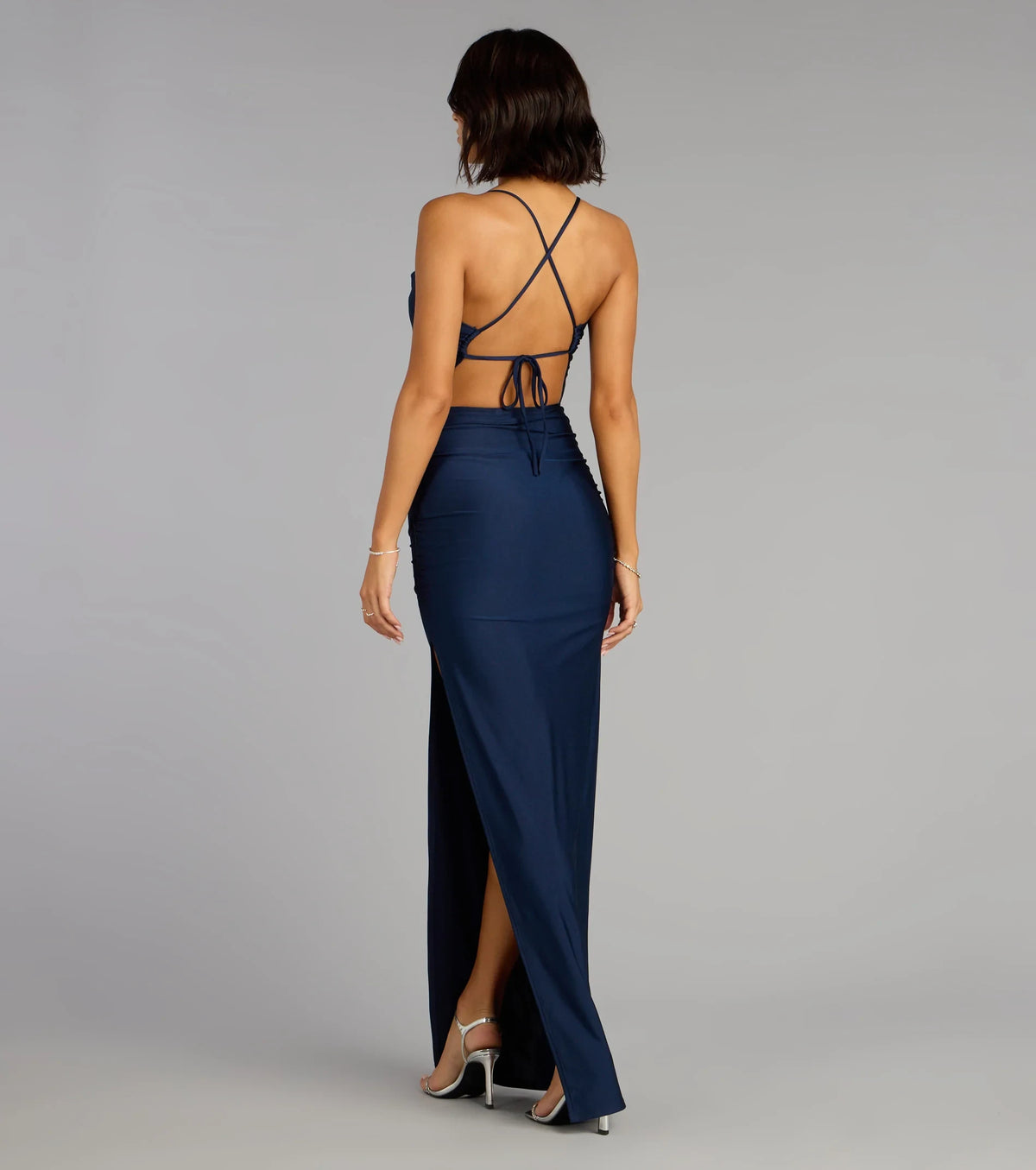 Elegant Sheath Cowl Sleeveless Ruched Slit Navy Long Evening Dresses Women
