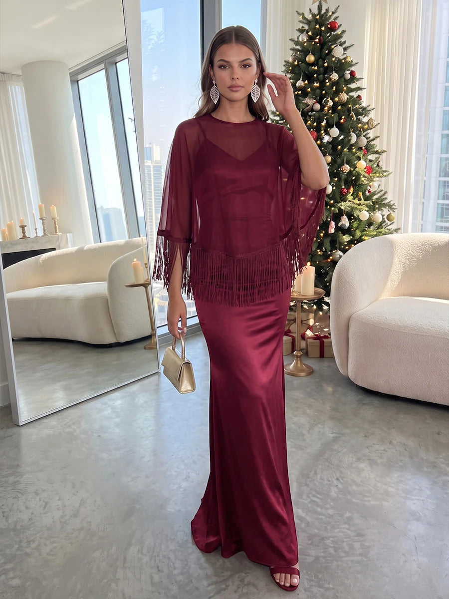 Elegant Sheath Crewneck Fringe Cape Burgundy Long Prom Dresses Women Gown