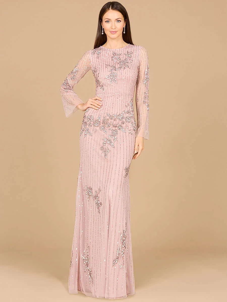 Elegant Sheath Crewneck Long-Sleeve Beaded Sequin Rose Maxi Mother-of-the-Bride Dress Women