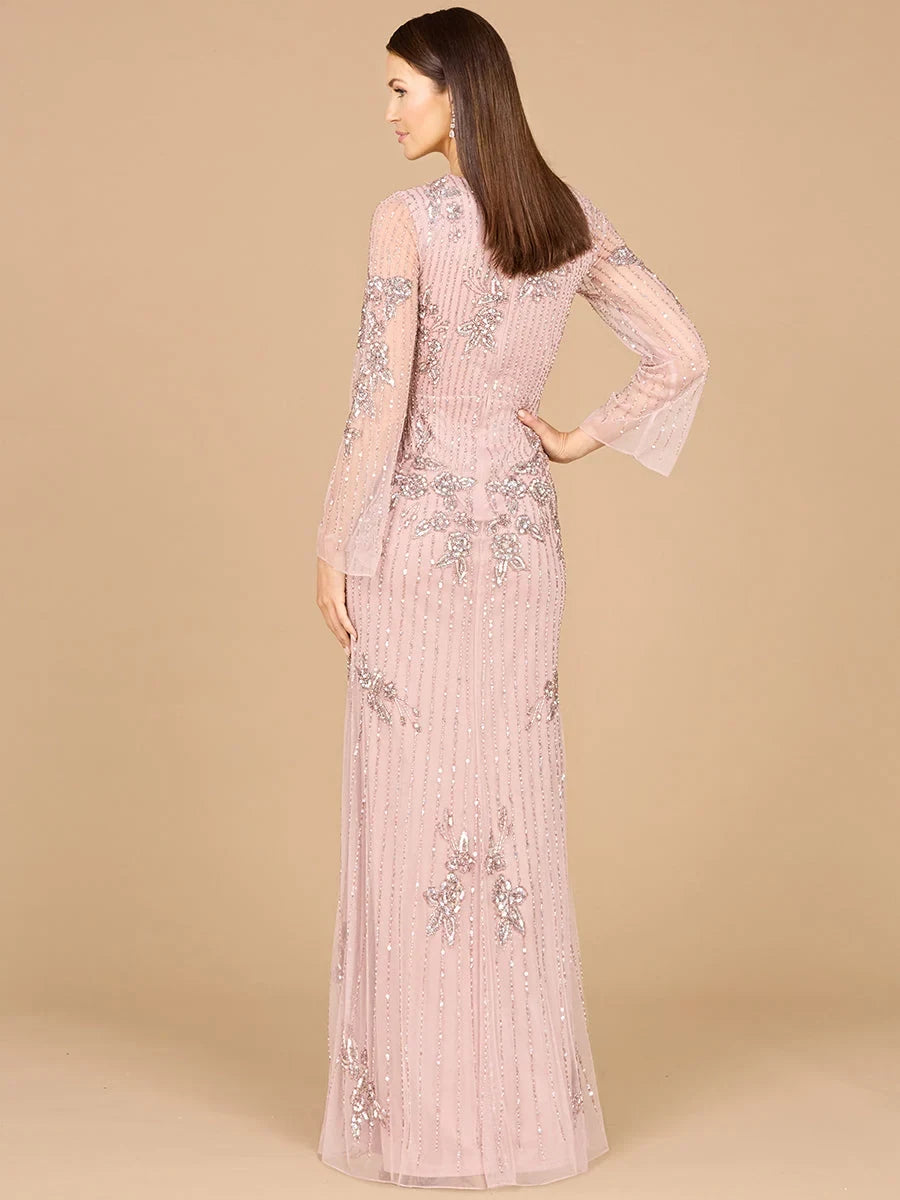 Elegant Sheath Crewneck Long-Sleeve Beaded Sequin Rose Maxi Mother-of-the-Bride Dress Women