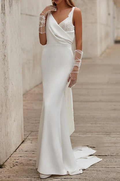 Elegant Sheath Draped V-Neck Sleeveless Backless White Floor-Length Wedding Dresses for Brides