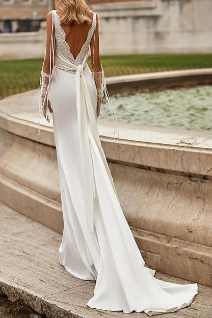 Elegant Sheath Draped V-Neck Sleeveless Backless White Floor-Length Wedding Dresses for Brides