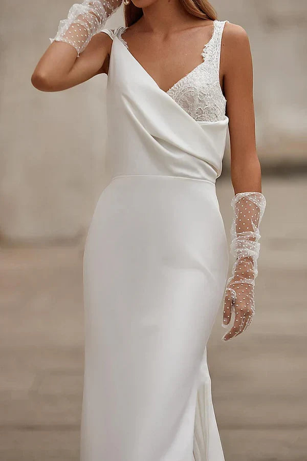 Elegant Sheath Draped V-Neck Sleeveless Backless White Floor-Length Wedding Dresses for Brides