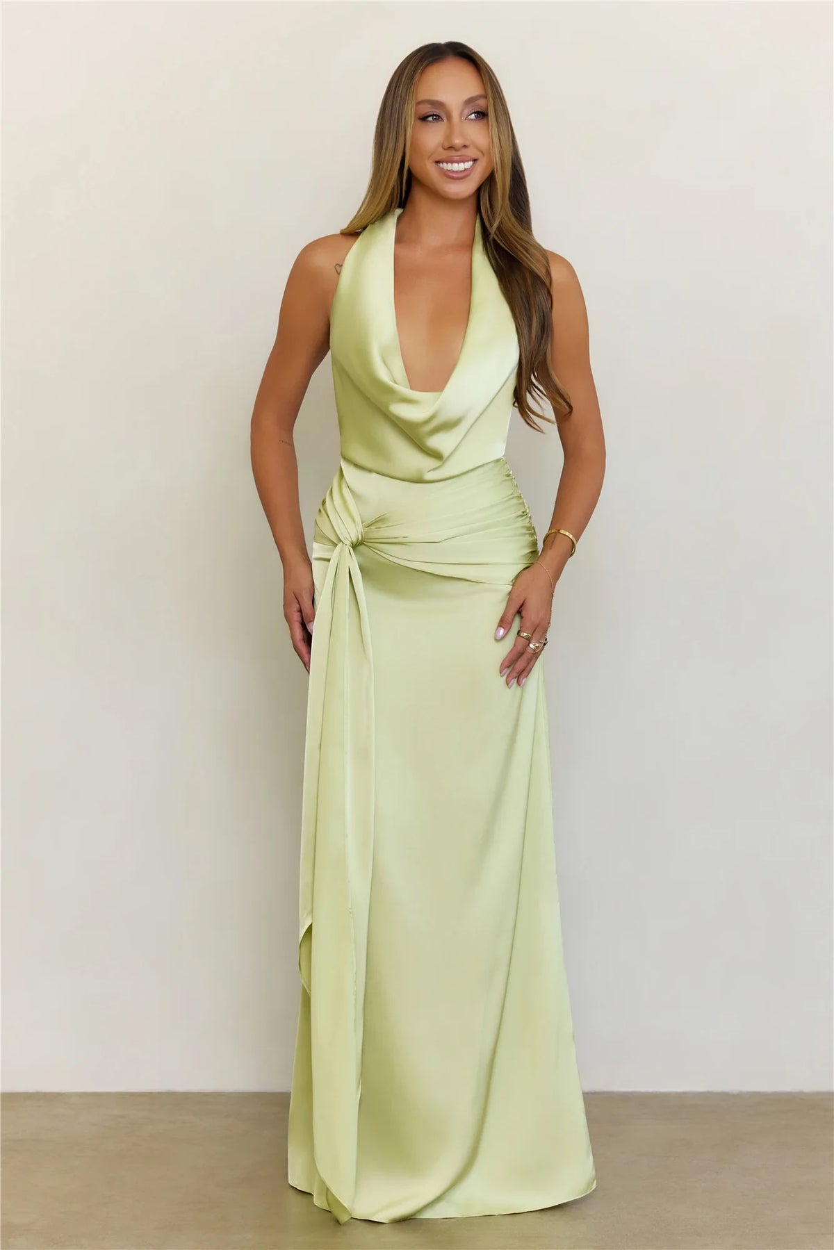 Elegant Sheath Halter Cowl Neck Sleeveless Draped Sage Green Floor-Length Prom Dress