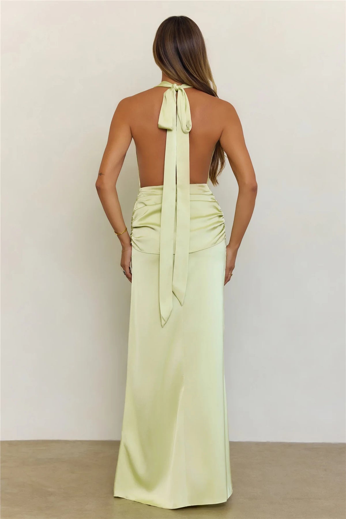 Elegant Sheath Halter Cowl Neck Sleeveless Draped Sage Green Floor-Length Prom Dress