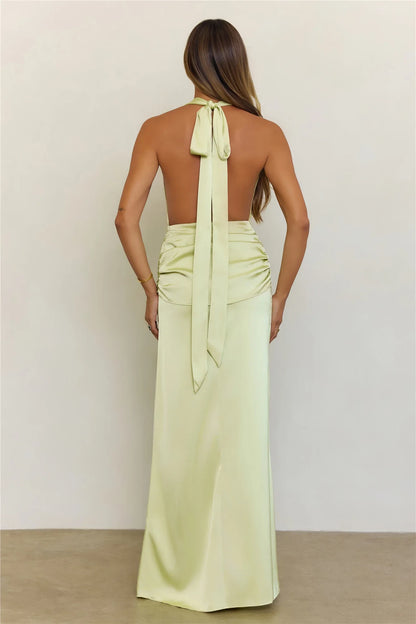 Elegant Sheath Halter Cowl Neck Sleeveless Draped Sage Green Floor-Length Prom Dress