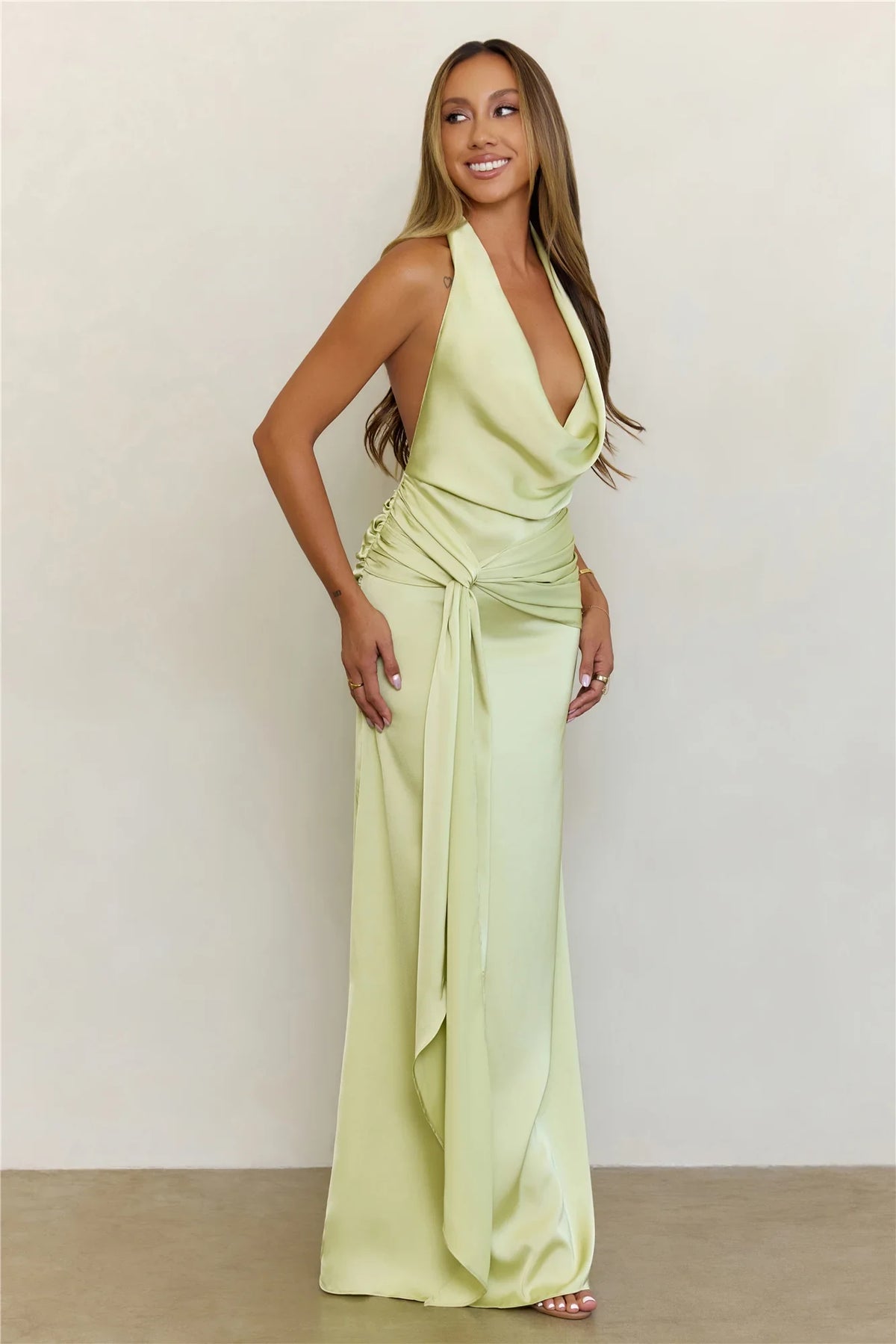 Elegant Sheath Halter Cowl Neck Sleeveless Draped Sage Green Floor-Length Prom Dress