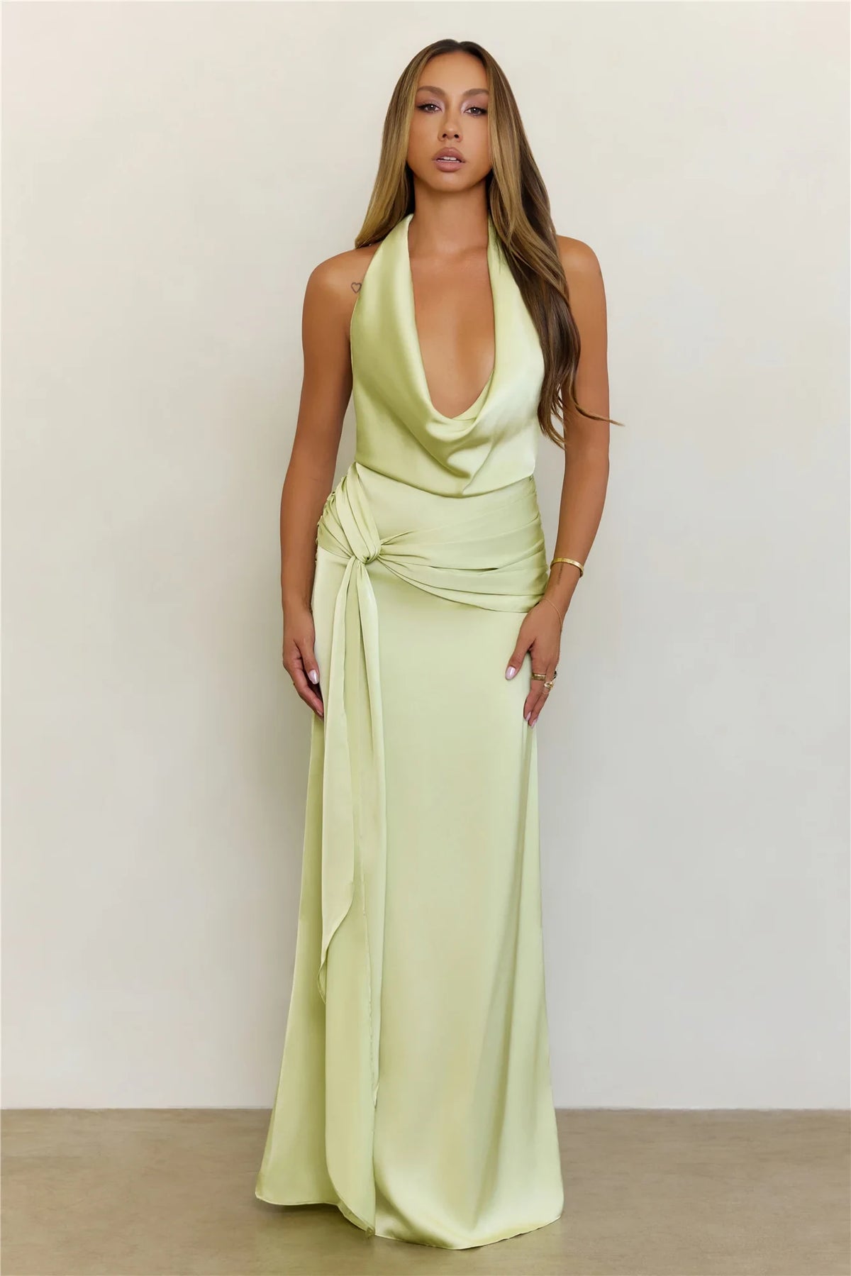 Elegant Sheath Halter Cowl Neck Sleeveless Draped Sage Green Floor-Length Prom Dress