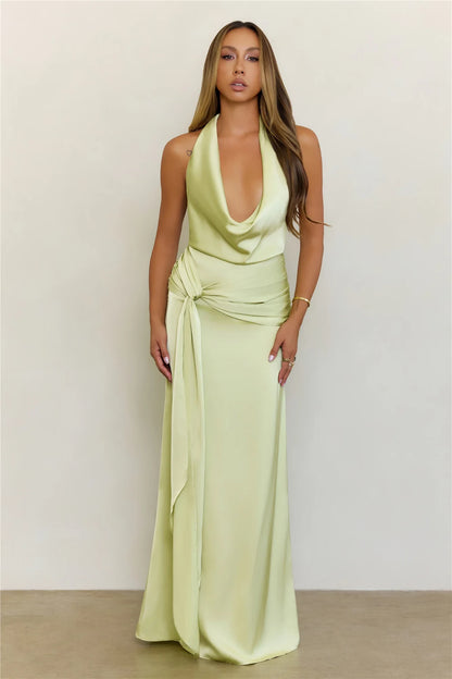 Elegant Sheath Halter Cowl Neck Sleeveless Draped Sage Green Floor-Length Prom Dress