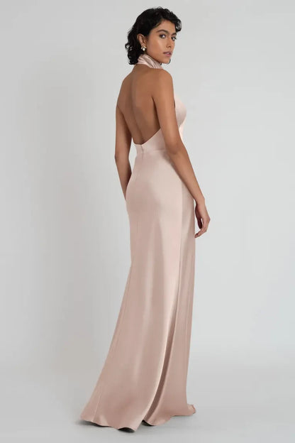 Elegant Sheath Halter High Neck Sleeveless Backless Prosecco Floor-Length Bridesmaid Gown
