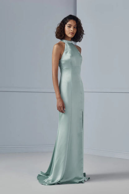 Elegant Sheath Halter High Neck Slit Mint Green Floor-Length Bridesmaid Dress Women's Gown
