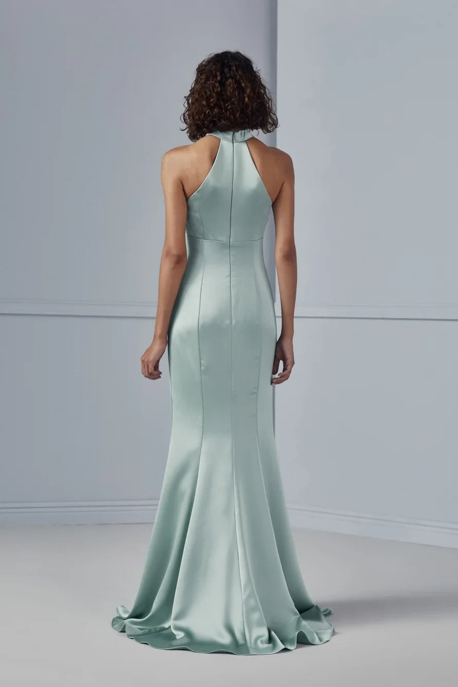 Elegant Sheath Halter High Neck Slit Mint Green Floor-Length Bridesmaid Dress Women's Gown