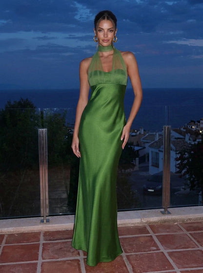 Elegant Sheath Halter Sleeveless Backless Chic Green Maxi Prom Dresses Women Gown