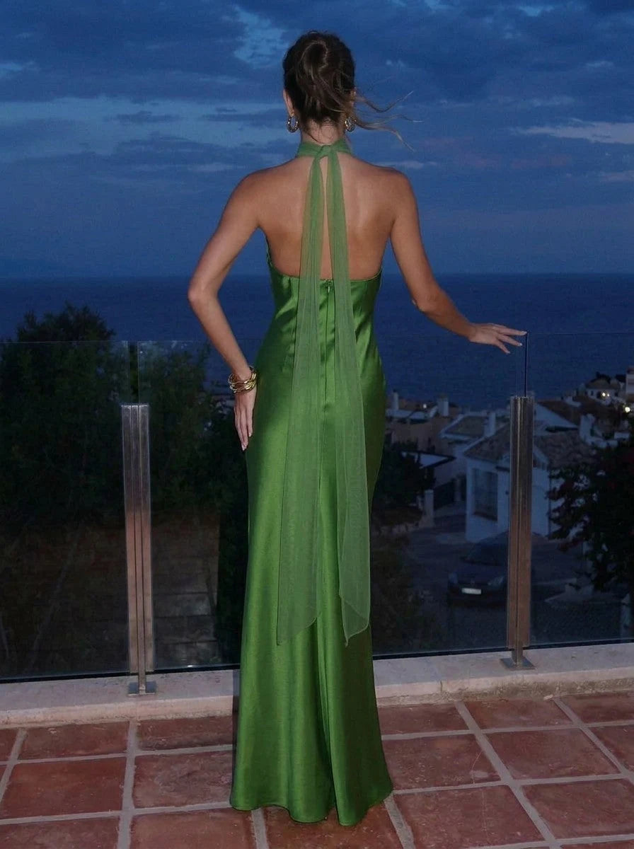 Elegant Sheath Halter Sleeveless Backless Chic Green Maxi Prom Dresses Women Gown