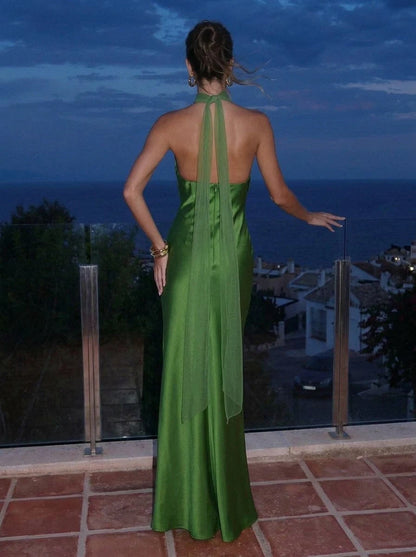 Elegant Sheath Halter Sleeveless Backless Chic Green Maxi Prom Dresses Women Gown