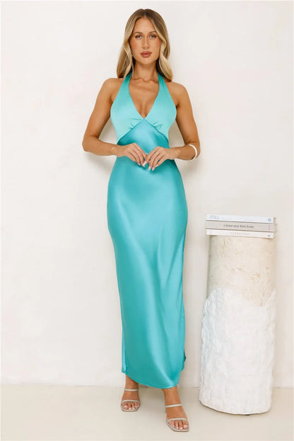 Elegant Sheath Halter Sleeveless Backless Draped Teal Maxi Prom Dress Women's Gown