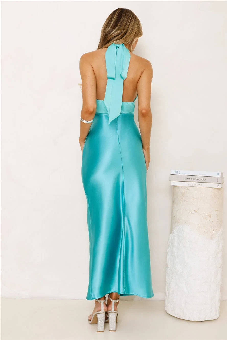 Elegant Sheath Halter Sleeveless Backless Draped Teal Maxi Prom Dress Women's Gown