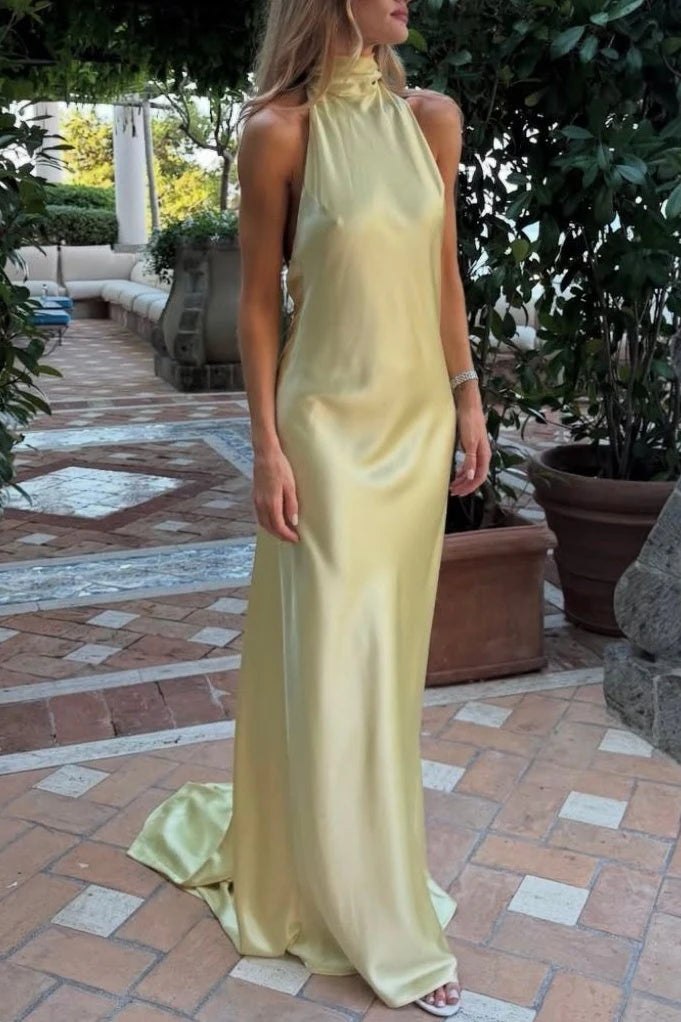 Elegant Sheath Halter Sleeveless Backless Draped Yellow Maxi Prom Dresses Gown