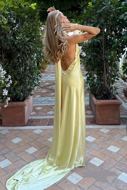 Elegant Sheath Halter Sleeveless Backless Draped Yellow Maxi Prom Dresses Gown