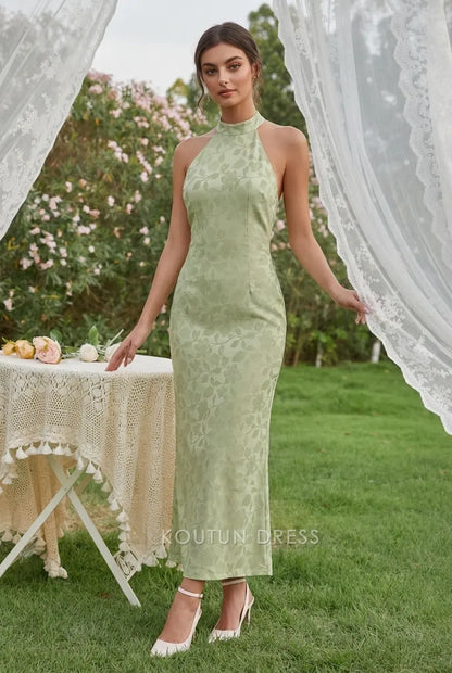 Elegant Sheath Halter Sleeveless Backless Jacquard Light Green Midi Prom Dresses Women's Gown