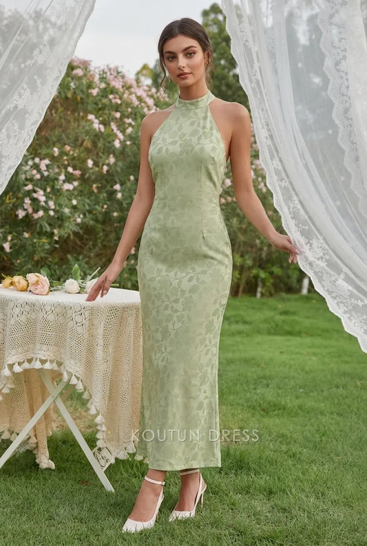 Elegant Sheath Halter Sleeveless Backless Jacquard Light Green Midi Prom Dresses Women's Gown