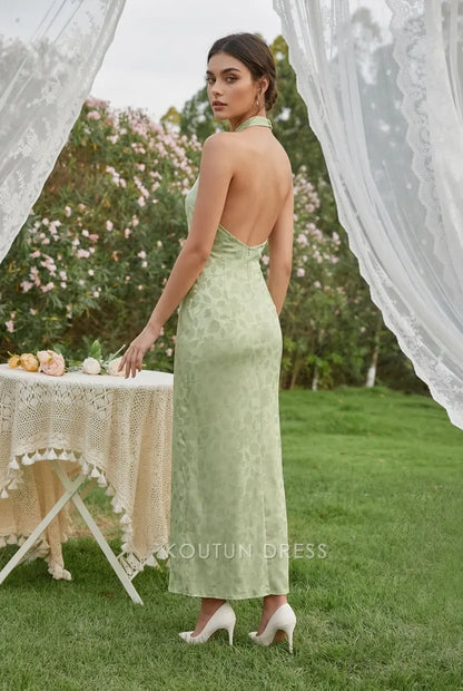 Elegant Sheath Halter Sleeveless Backless Jacquard Light Green Midi Prom Dresses Women's Gown