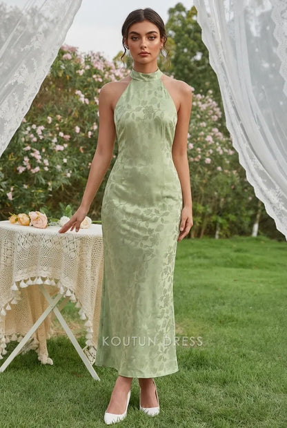 Elegant Sheath Halter Sleeveless Backless Jacquard Light Green Midi Prom Dresses Women's Gown