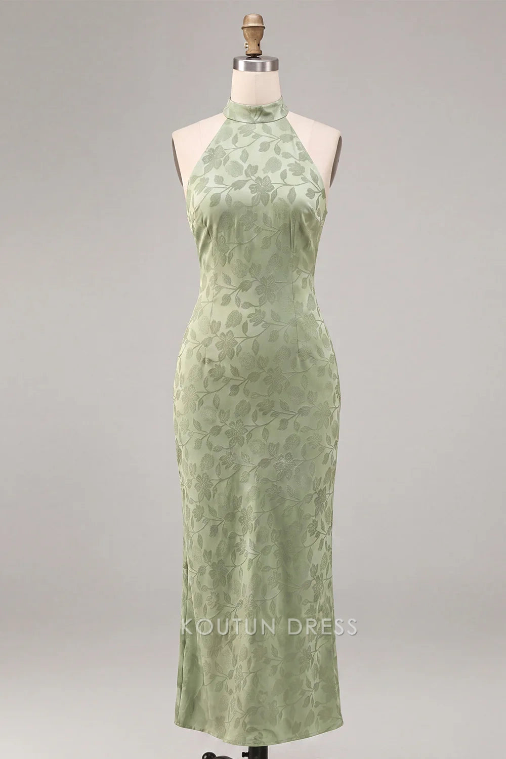 Elegant Sheath Halter Sleeveless Backless Jacquard Light Green Midi Prom Dresses Women's Gown