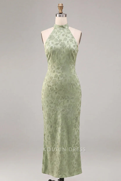 Elegant Sheath Halter Sleeveless Backless Jacquard Light Green Midi Prom Dresses Women's Gown