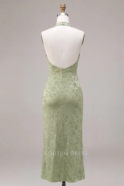 Elegant Sheath Halter Sleeveless Backless Jacquard Light Green Midi Prom Dresses Women's Gown